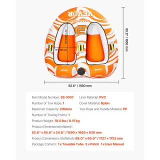 VEVOR Φουσκωτό Δίδυμο Σωλήνα Θαλάσσης με 2 Θέσεις για 2 Άτομα CQTL2...