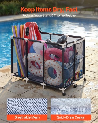 VEVOR Κινητό Καλάθι Αποθήκευσης Πισίνας με Πλαϊνές Τσέπες & Ρόδες, ...