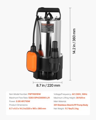 VEVOR 710W Υποβρύχια Αντλία Ακαθάρτων, 20,000 L/H, Ανοξείδωτο, Μέγι...