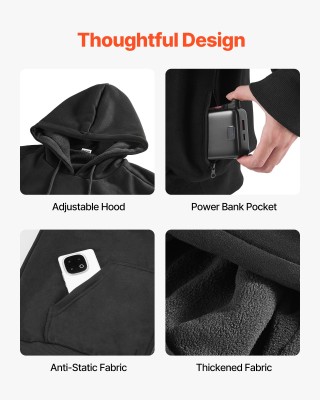VEVOR Θερμαινόμενη Φούτερ με Κουκούλα - Unisex, Μαύρη. Μέγεθος Smal...