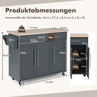 Costway Γκρι Τροχήλατο Τραπέζι Κουζίνας με Συρτάρια και Ρόδες KC547... Costway Γκρι Τροχήλατο Τραπέζι Κουζίνας με Συρτάρια και Ρόδες KC547...