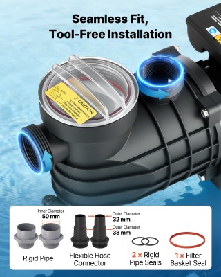 VEVOR Αντλία Πισίνας 180W, 10,800 L/H, Μοναδική Ταχύτητα, AC 220-24...