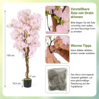 Costway Σετ 2 Τεχνητά Δέντρα Κερασιάς με Ροζ Άνθη 150 εκ. σε Γλάστρ...