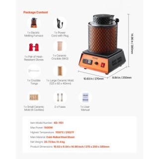 VEVOR Ηλεκτρικός Φούρνος Χύτευσης VEVOR, 1500W, 5kg Κεραμικό Χωνευτ...