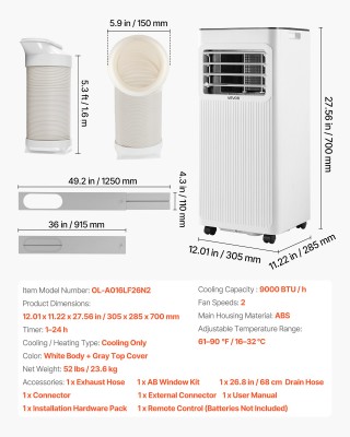 VEVOR Φορητό Κλιματιστικό Δαπέδου 9000 BTU (2,6 kW) 3 σε 1 με Τηλεχ...