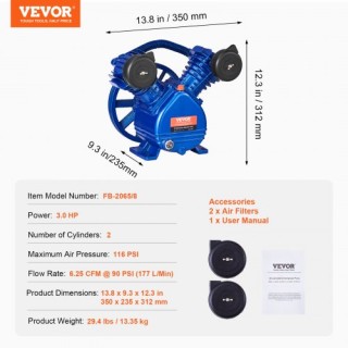 VEVOR  Κεφαλή Αντλίας Αεροσυμπιεστή 3HP 6.25CFM @ 90PSI 2-Κύλινδρος...