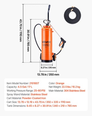 VEVOR Βιομηχανικός Ψεκαστήρας 17L με Ανοξείδωτο Ατσάλι και Αφαιρούμ...