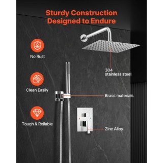 VEVOR Σετ Ντους με Τετράγωνο Κεφαλή Βροχής 10 και Χειρολαβή σε Χρώμ...