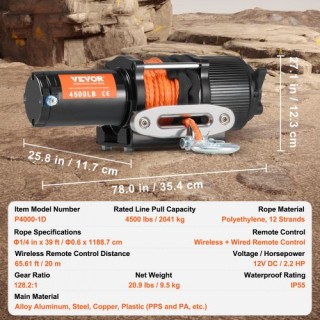 Ηλεκτρικό Βίντσι VEVOR 4500 lb Συνθετικό Σχοινί Αδιάβροχο Τηλεχειρι...