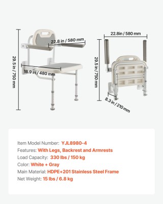 VEVOR Αναδιπλούμενο Επιτοίχιο Κάθισμα Ντους 457 mm με Πλάτη, Μπράτσ...