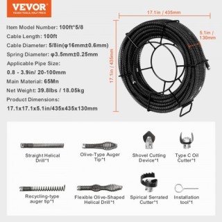 Καλώδιο Καθαρισμού Αποχέτευσης VEVOR 30m x 16mm & 7 Κόφτες για Σωλή... Καλώδιο Καθαρισμού Αποχέτευσης VEVOR 30m x 16mm & 7 Κόφτες για Σωλή...