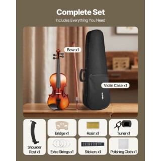 VEVOR Βιολί 355mm Σετ Αρχαρίων Γυαλιστερό Καφέ Σχέδιο Στερεό Ξύλο S...