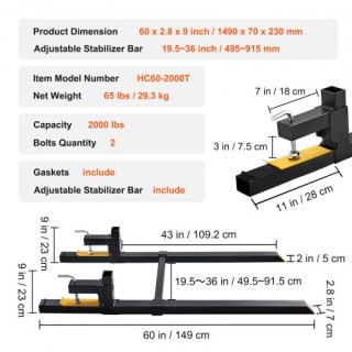 VEVOR Πιρούνια Παλέτας 2000 lbs, 60 με Ρυθμιζόμενη Μπάρα Σταθεροποί...