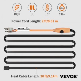 VEVOR  Καλώδιο Θέρμανσης Σωλήνων 9μ 23W/m με Ενσωματωμένο Θερμοστάτ...