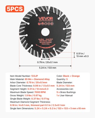 VEVOR Δίσκος Διαμαντιού 133 mm για Τοιχοκόφτη, 5τμχ, Φ20 mm HNTJDP1... VEVOR Δίσκος Διαμαντιού 133 mm για Τοιχοκόφτη, 5τμχ, Φ20 mm HNTJDP1...