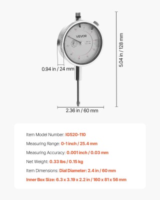 VEVOR Δείκτης Μέτρησης Ακριβείας 2.4 για Εσωτερική Διάμετρο - 0.001...