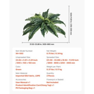 VEVOR Τεχνητές Φτέρες Βοστώνης 2 Τεμάχια 30 Κλαδιά Εσωτερική Εξωτερ...