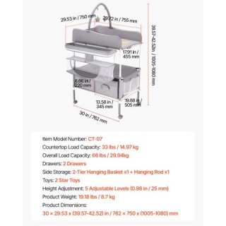 VEVOR Φορητός Σταθμός Αλλαγής Πάνας με Καλάθι & Κρεμαστή Ράβδο Γκρι...