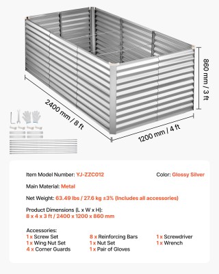 VEVOR Γαλβανισμένος Υπερυψωμένος Κήπος, 2400 x 1200 x 860 mm, Ορθογ...