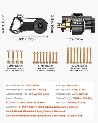 VEVOR Ιμάντες Στερέωσης Ladder Rack, Μαύροι, με Διπλά Άγκιστρα J, 3...
