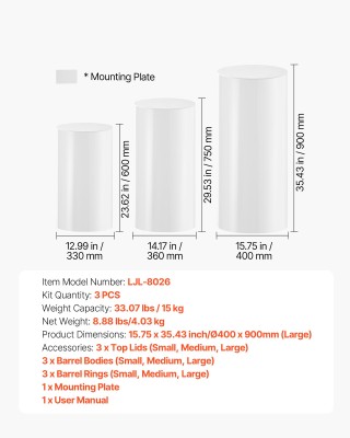 VEVOR Στήλη Λουλουδιών Γάμου - Σετ 3 Κυλινδρικών Βάσεων (60/75/90εκ...