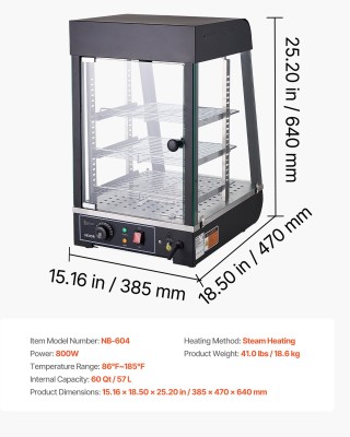 VEVOR Επαγγελματική Θερμαινόμενη Βιτρίνα 3 Επιπέδων, 800W με LED Φω...