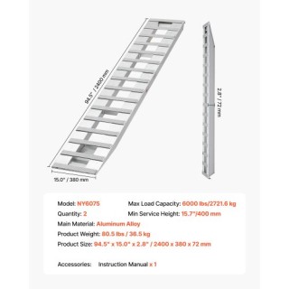 VEVOR Σετ 2 Αλουμινένιες Ράμπες Φόρτωσης 2400 x 380 mm, Φορτίο 2721...