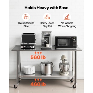 VEVOR Τραπέζι Εργασίας Inox 61x152 εκ. με Ρόδες, Πλάτη και Ρυθμιζόμ...