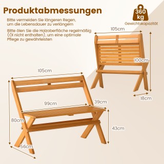 Costway Πτυσσόμενο παγκάκι κήπου 2 θέσεων από ξύλο ακακίας έως 360 ...