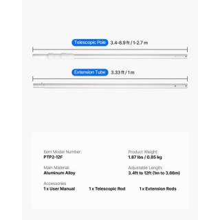 VEVOR Τηλεσκοπικός Κοντάρι Πισίνας 1-3.65μ για Καθαριστικά Εργαλεία...