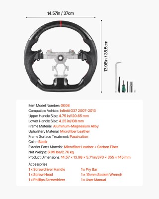VEVOR Τιμόνι Ανθρακονήματος D-Shape Flat-Bottom με Δερμάτινη Λαβή γ...