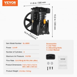 VEVOR  Κεφαλή Αντλίας Αεροσυμπιεστή 3HP 5.8CFM @ 90PSI Δίδυμος Κύλι...