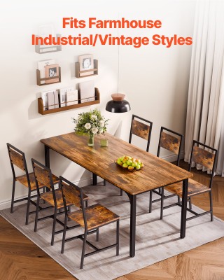 VEVOR Τραπεζαρία με 6 Καρέκλες, Ξύλινο και Μεταλλικό Σκελετό, Καφέ-...