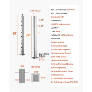 VEVOR Κολόνα Κάγκελου Καλωδίου 36x2x2 με Οριζόντια Τρύπα 1JZLGZXYS9...