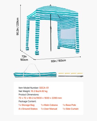 VEVOR Πράσινη Ριγέ Παραλιακή Καλύβα 1.83 x 1.83 m με Πλευρικό Τείχο...