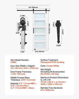 VEVOR Συρόμενη Πόρτα Αχυρώνα 813 x 2134mm, Υψηλής Αντοχής MDF και Γ...