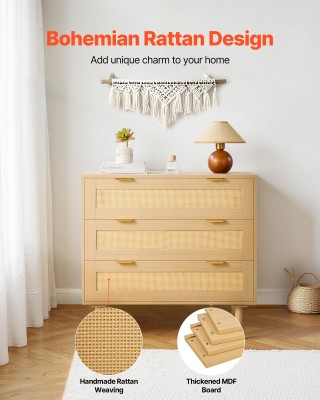 VEVOR Σύγχρονη Συρταριέρα 3 Συρταριών από Φυσικό Ρατάν με Μεταλλικά...