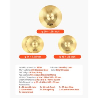 VEVOR Σετ Πιατινιών 3 Τεμαχίων για Τύμπανα 14, 16, 20 ιντσών CPTZCP...