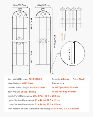 VEVOR Τρέλις Κήπου για Αναρριχώμενα Φυτά 220 x 52,5 εκ., Σετ 6 Τεμα...