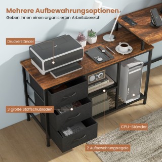 Costway Γραφείο Υπολογιστή σε Σχήμα L με Πρίζα & 3 Υφασμάτινα Συρτά...