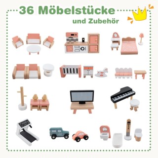 Costway  Ξύλινο Γωνιακό Κουκλόσπιτο με 3 Ορόφους και 36 Αξεσουάρ γι...