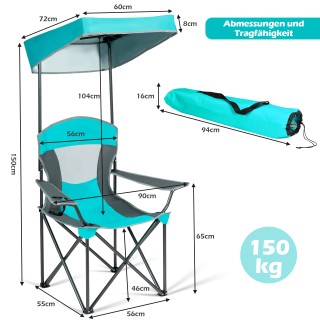 Costway Ανθεκτική Καρέκλα Κάμπινγκ με Σκίαστρο 90 x 72 x 150 cm Τυρ...