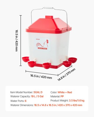 VEVOR Αυτόματη Ποτίστρα Κοτόπουλων 19L με 6 Θύρες & Αντιδιαρροϊκή Κ...