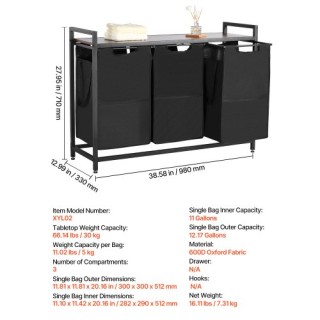 VEVOR Τρίχωρος Διαχωριστής Ρούχων με Αποσπώμενες Τσάντες και Μεταλλ...