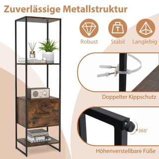 Costway Ψηλή Βιβλιοθήκη με Μεταλλικό Σκελετό και Συρτάρι για Επιπλέ...