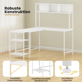 Costway Γωνιακός Λευκός Γραφείο L με Βιβλιοθήκη για Gaming και Υπολ...