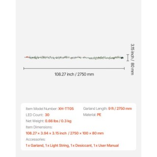VEVOR 9ft Χριστουγεννιάτικη Γιρλάντα με Κληματσίδες, Μούρα, Φύλλα Ε...