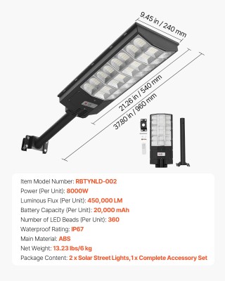 VEVOR Δύο Εξωτερικά Ηλιακά Φωτιστικά Οδού 8000W, 450000LM, Φωτισμός...