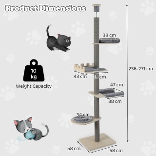 Costway Ψηλό Γκρι Δέντρο Γάτας 5 Επιπέδων με Αιώρα, Καλάθι & Κρεβάτ...