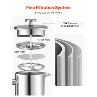 VEVOR Γαλλική Καφετιέρα 1.5L από Ανοξείδωτο Ατσάλι - Ασημί BXGKFYHB...